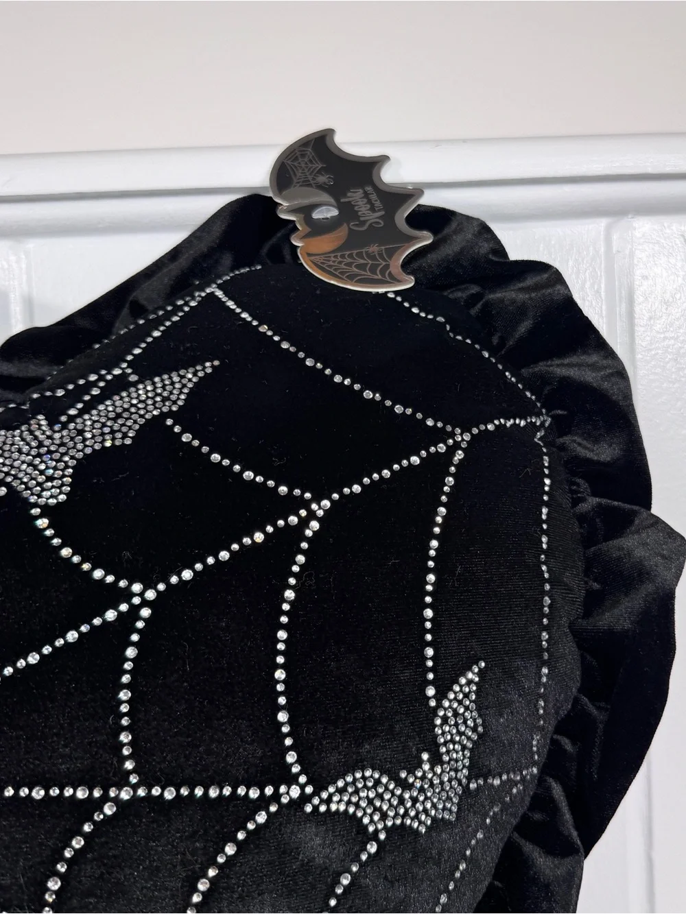 NEW Spooktakular Black Heart with Rhinestone Bats and Spiderweb Halloween Pillow